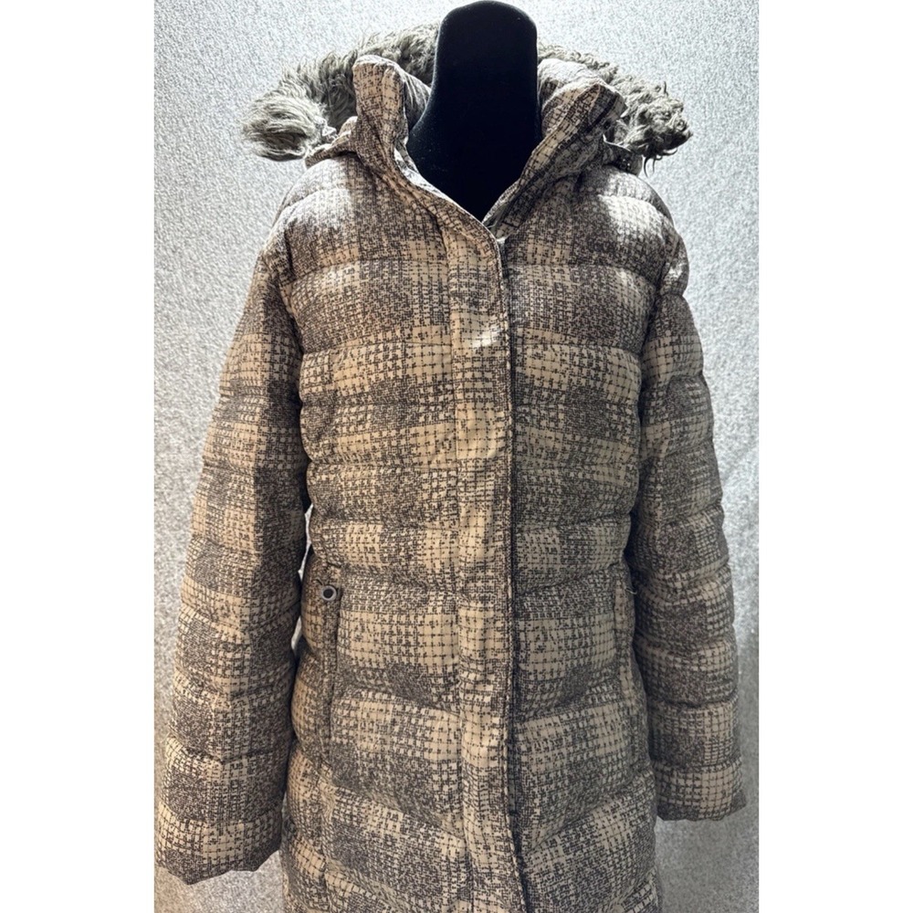 Lole Down Fill Parka Womens Small Beige Grey Plaid Full Zip Faux Fur Trim Coat